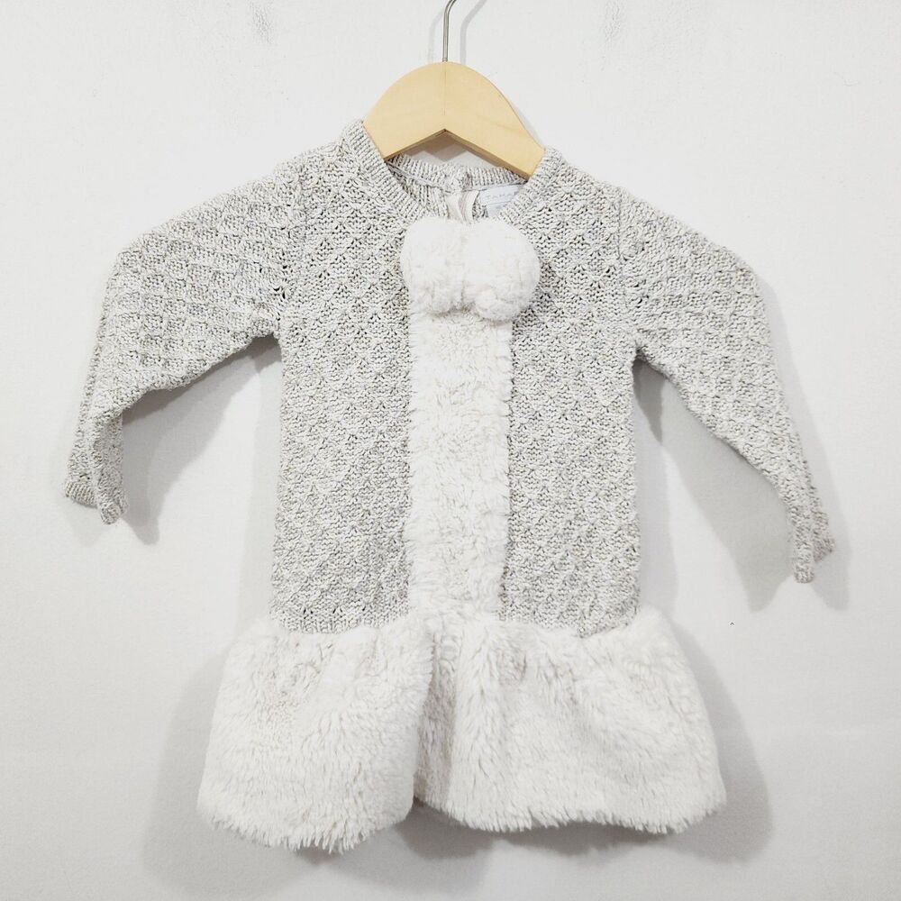 Tahari Toddler Sweater Knit Faux Fur Pom Dress Gray White Girl's Size 3T Holiday